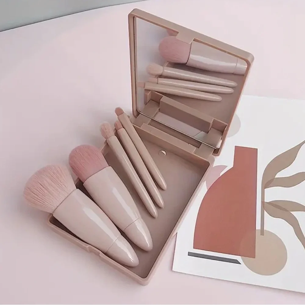 5-Piece Mini Travel Makeup Brush Set with Mirror